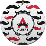 Mustache Print Round Ceramic Ornament w/ Name and Initial