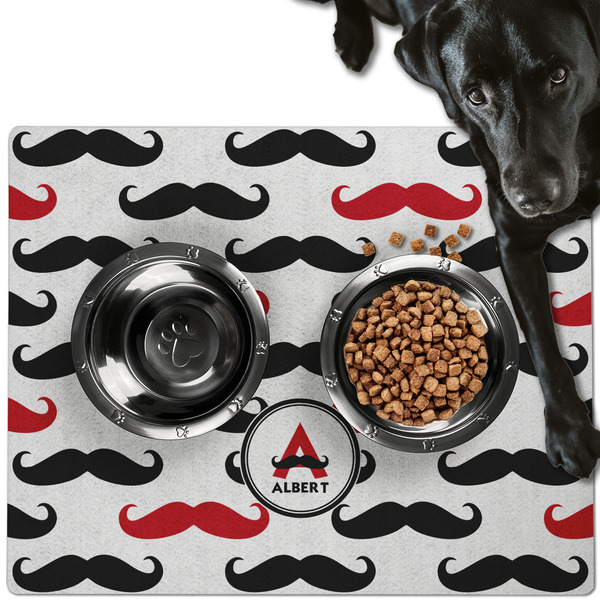 Custom Mustache Print Dog Food Mat - Large w/ Name and Initial