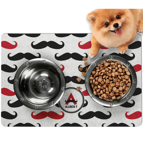 Custom Mustache Print Dog Food Mat - Small w/ Name and Initial