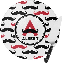 Mustache Print Round Glass Cutting Board - Medium (Personalized)