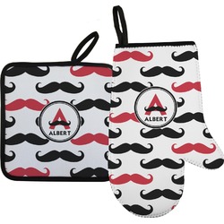 Mustache Print Right Oven Mitt & Pot Holder Set w/ Name and Initial