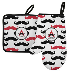 Mustache Print Left Oven Mitt & Pot Holder Set w/ Name and Initial