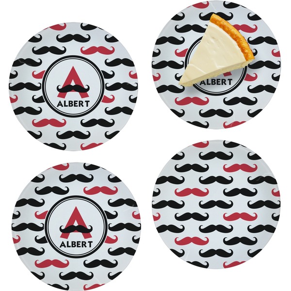 Custom Mustache Print Set of 4 Glass Appetizer / Dessert Plate 8" (Personalized)