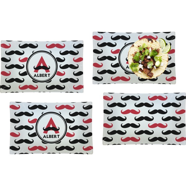Custom Mustache Print Set of 4 Glass Rectangular Lunch / Dinner Plate (Personalized)