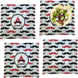 Mustache Print Set of 4 Glass Square Lunch / Dinner Plate 9.5" (Personalized)