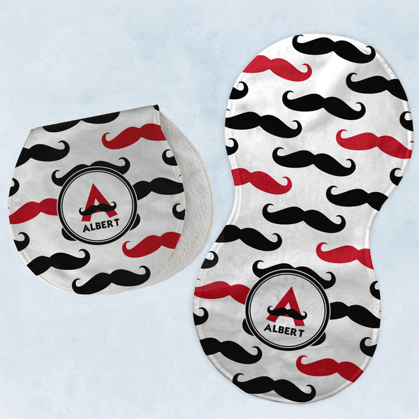 Custom Mustache Print Burp Pads - Velour - Set of 2 w/ Name and Initial