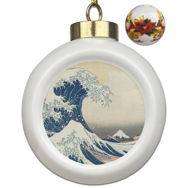 Custom Great Wave off Kanagawa Ceramic Ball Ornaments - Poinsettia Garland