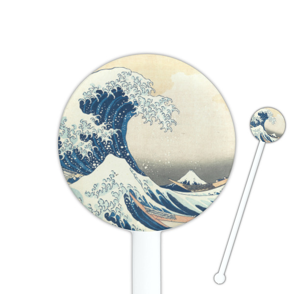 Custom Great Wave off Kanagawa 5.5" Round Plastic Stir Sticks - White - Single Sided