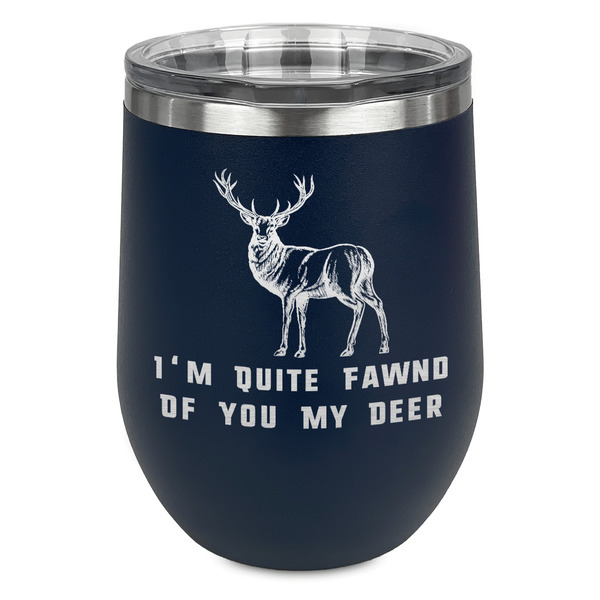 Custom Deer Stemless Stainless Steel Wine Tumbler - Navy - Single Sided (Personalized)