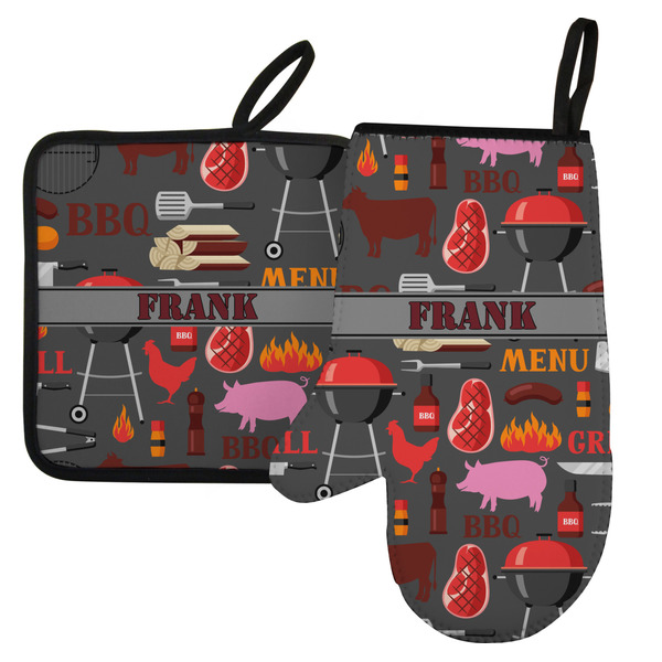 Custom Barbeque Left Oven Mitt & Pot Holder Set w/ Name or Text