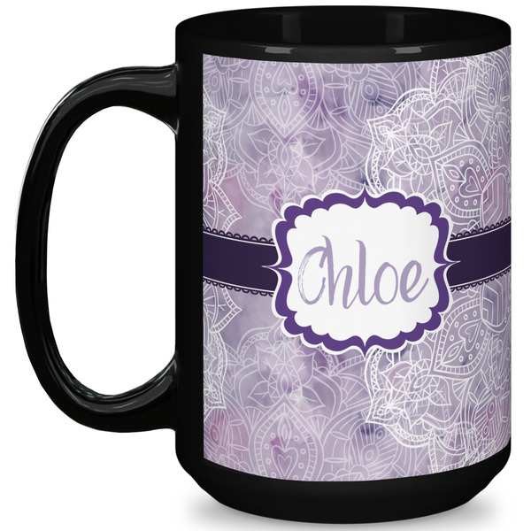 Custom Watercolor Mandala 15 Oz Coffee Mug - Black (Personalized)