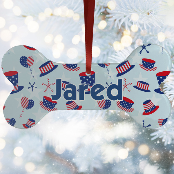 Custom Patriotic Celebration Ceramic Dog Ornament w/ Name or Text