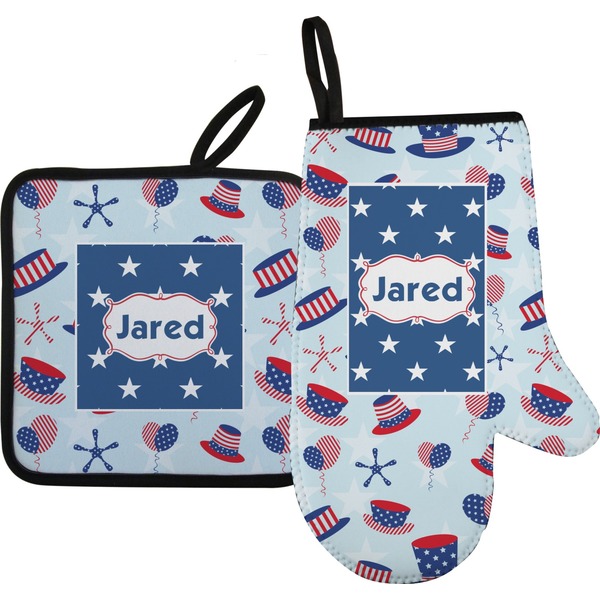 Custom Patriotic Celebration Oven Mitt & Pot Holder Set w/ Name or Text