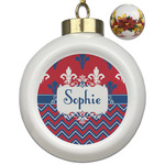 Patriotic Fleur de Lis Ceramic Ball Ornaments - Poinsettia Garland (Personalized)