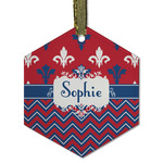 Patriotic Fleur de Lis Flat Glass Ornament - Hexagon w/ Name or Text