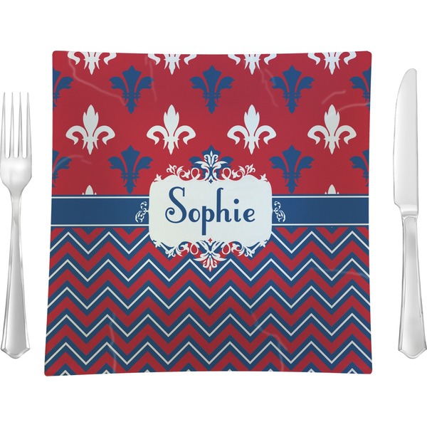 Custom Patriotic Fleur de Lis 9.5" Glass Square Lunch / Dinner Plate- Single or Set of 4 (Personalized)