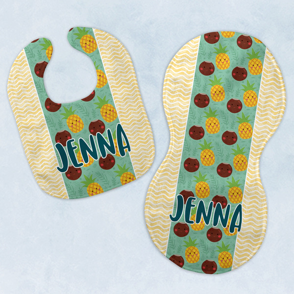 Custom Pineapples and Coconuts Baby Bib & Burp Set w/ Name or Text