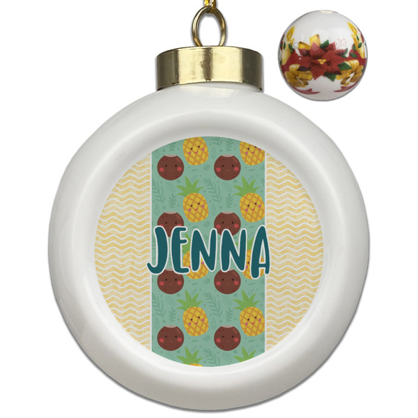 Custom Pineapples and Coconuts Ceramic Ball Ornaments - Poinsettia Garland (Personalized)