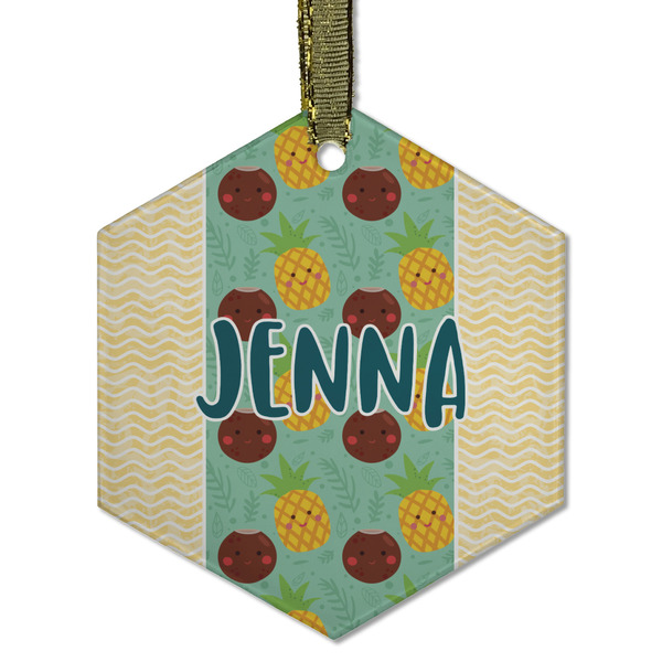 Custom Pineapples and Coconuts Flat Glass Ornament - Hexagon w/ Name or Text