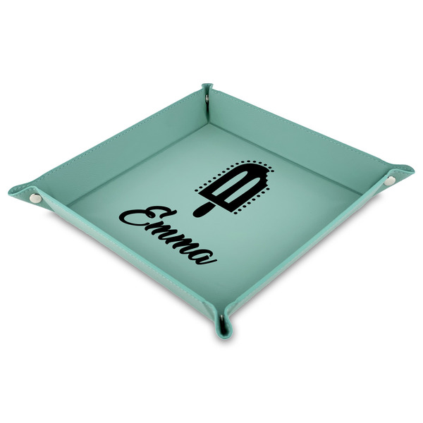 Custom Popsicles and Polka Dots Faux Leather Dice Tray - 9" x 9"  - Teal (Personalized)