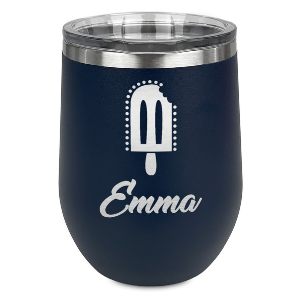 Custom Popsicles and Polka Dots Stemless Stainless Steel Wine Tumbler - Navy - Double Sided (Personalized)