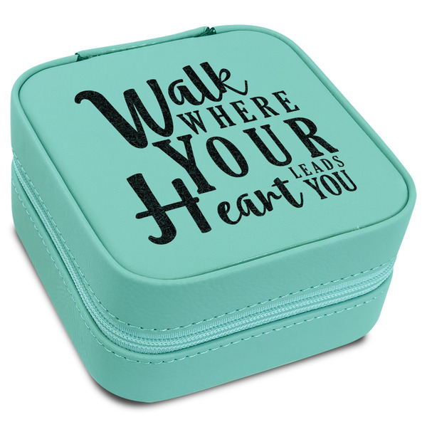 Custom Heart Quotes and Sayings Travel Jewelry Box - Teal Leather