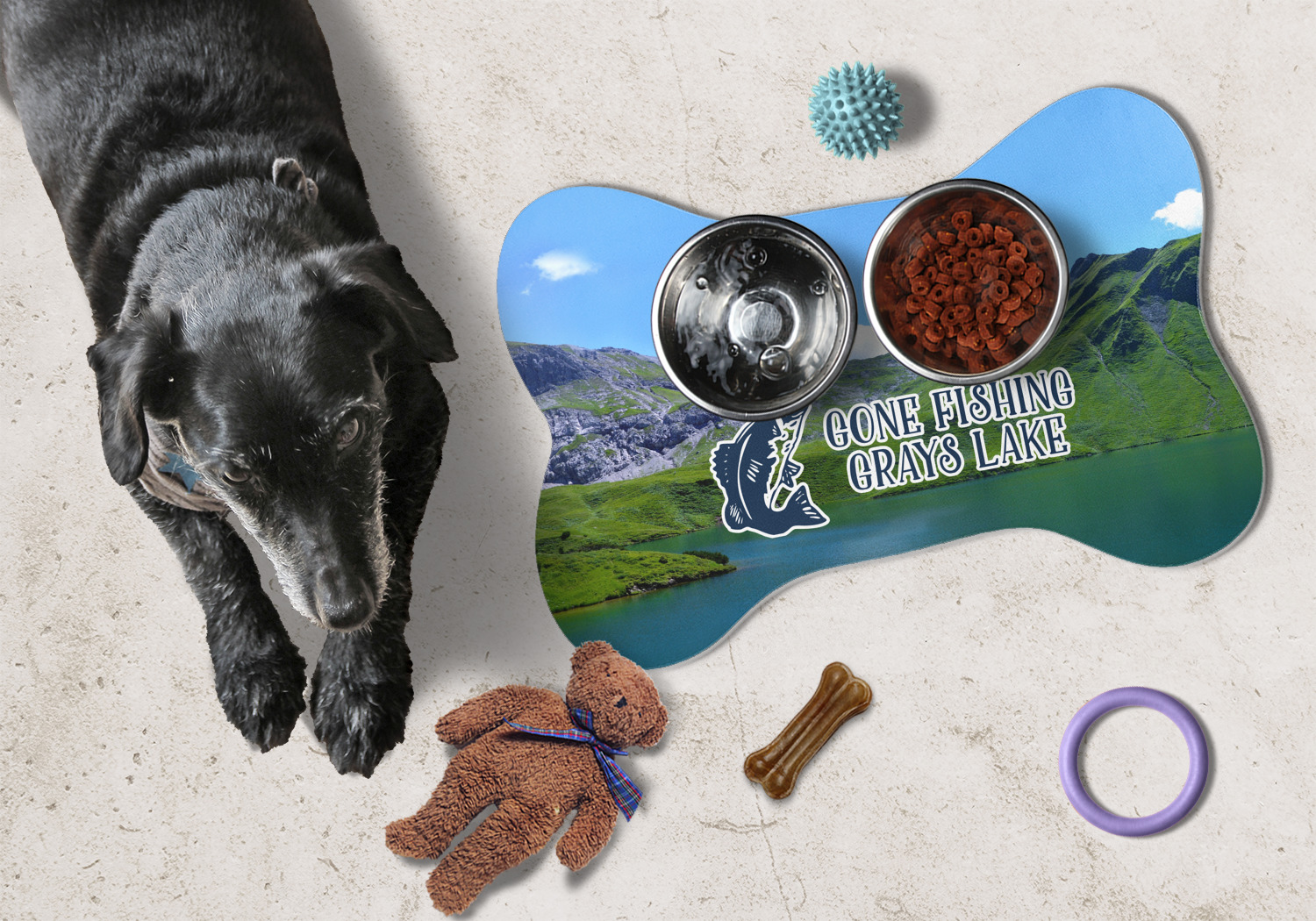 Custom Gone Fishing Dog Food Mat w/ Name or Text