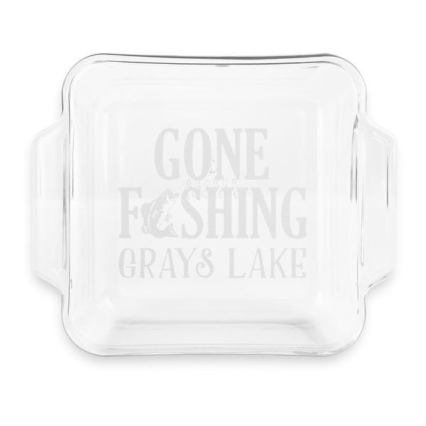 Custom Gone Fishing Glass Cake Dish with Truefit Lid - 8in x 8in (Personalized)