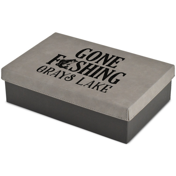 Custom Gone Fishing Large Gift Box w/ Engraved Leather Lid (Personalized)