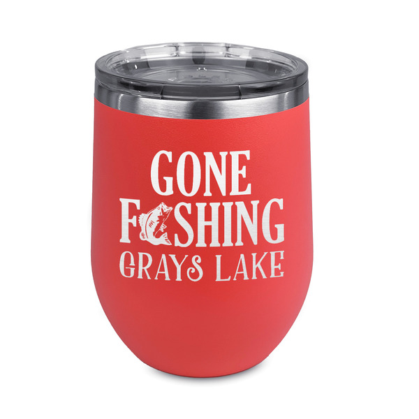 Custom Gone Fishing Stemless Stainless Steel Wine Tumbler - Coral - Double Sided (Personalized)