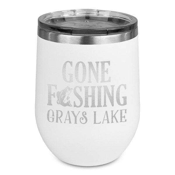 Custom Gone Fishing Stemless Stainless Steel Wine Tumbler - White - Double Sided (Personalized)