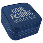 Gone Fishing Travel Jewelry Box - Navy Blue Leather (Personalized)