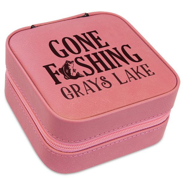 Custom Gone Fishing Travel Jewelry Boxes - Pink Leather (Personalized)