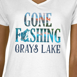 Gone Fishing Women's V-Neck T-Shirt - White (Personalized)