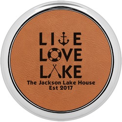 Live Love Lake Leatherette Round Coaster w/ Silver Edge - Single or Set (Personalized)