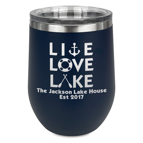 Custom Live Love Lake Stemless Stainless Steel Wine Tumbler - Navy - Double Sided (Personalized)