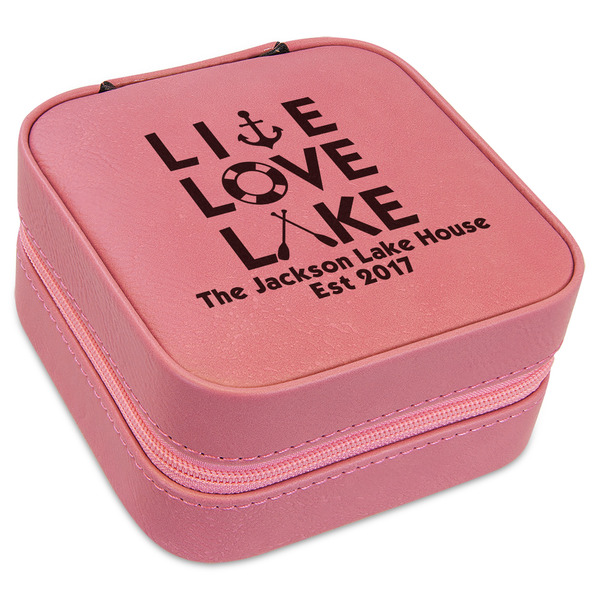 Custom Live Love Lake Travel Jewelry Boxes - Pink Leather (Personalized)