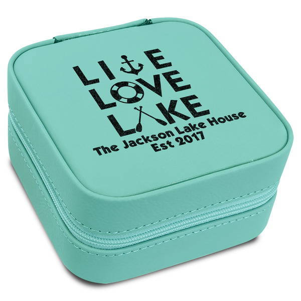 Custom Live Love Lake Travel Jewelry Box - Teal Leather (Personalized)