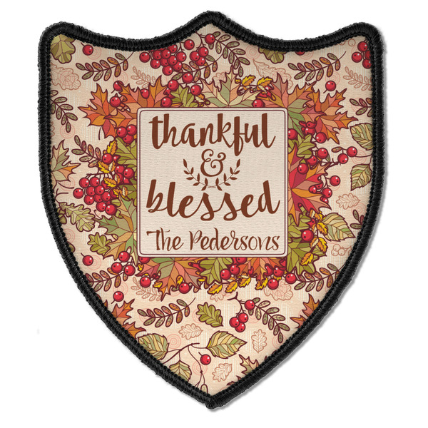 Custom Thankful & Blessed Iron On Shield Patch B w/ Name or Text