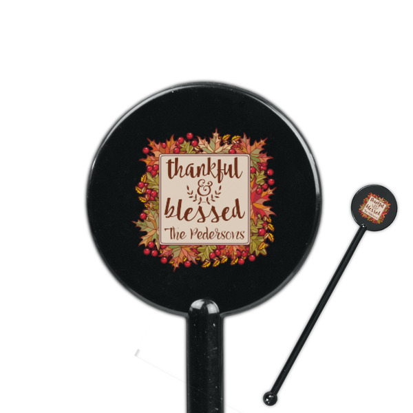 Custom Thankful & Blessed 5.5" Round Plastic Stir Sticks - Black - Double Sided (Personalized)