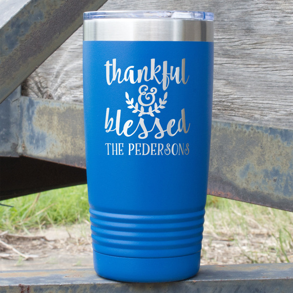 Custom Thankful & Blessed 20 oz Stainless Steel Tumbler - Royal Blue - Double Sided (Personalized)
