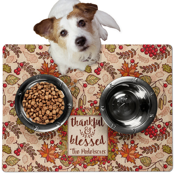 Custom Thankful & Blessed Dog Food Mat - Medium w/ Name or Text