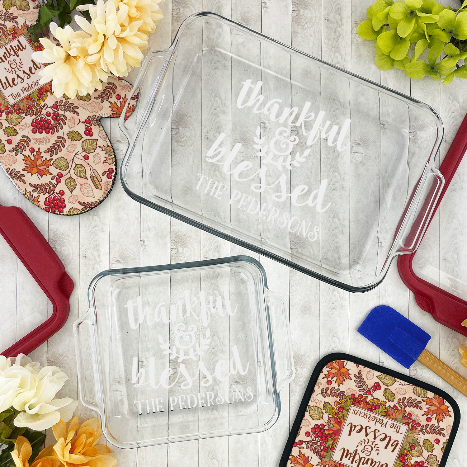 Custom Thankful & Blessed Glass Baking and Cake Dish (Personalized)