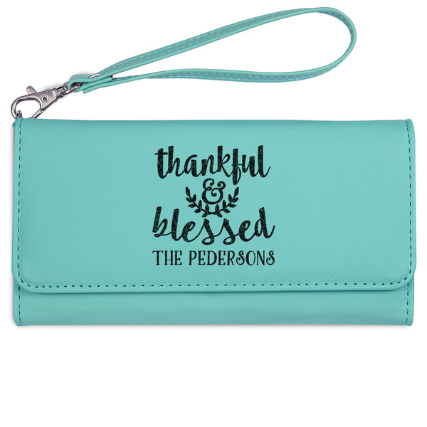 Custom Thankful & Blessed Ladies Leatherette Wallet - Laser Engraved- Teal (Personalized)