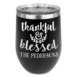 Thankful & Blessed Stemless Stainless Steel Wine Tumbler - Black - Single Sided (Personalized)
