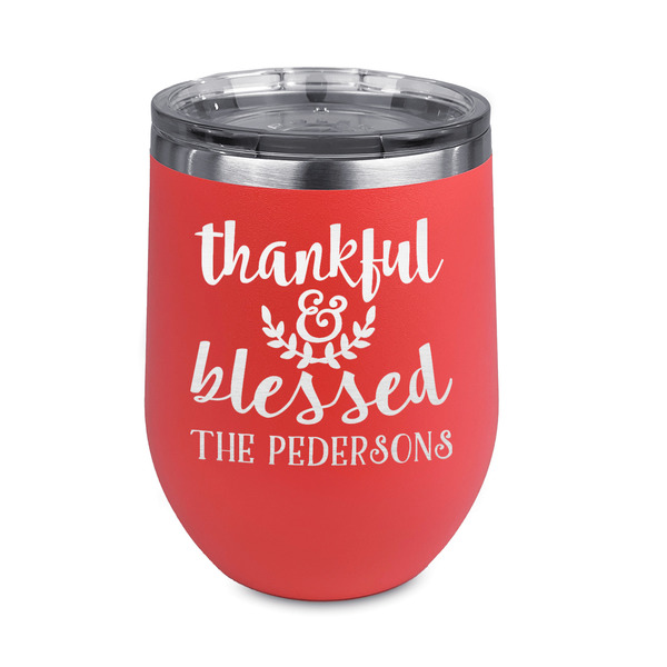 Custom Thankful & Blessed Stemless Stainless Steel Wine Tumbler - Coral - Double Sided (Personalized)