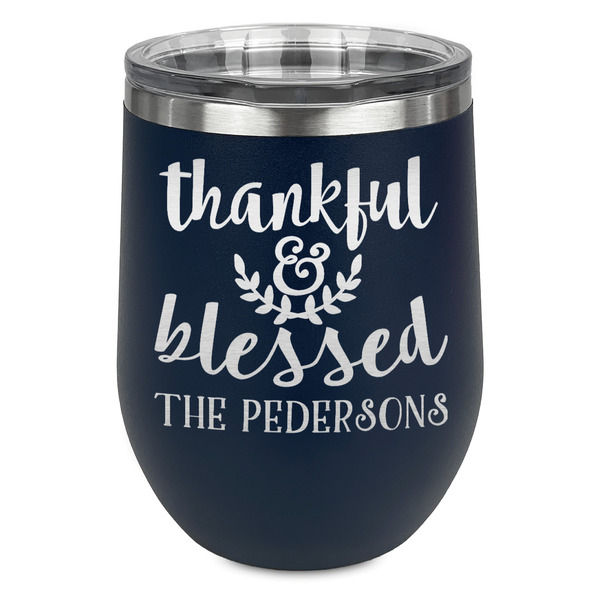 Custom Thankful & Blessed Stemless Stainless Steel Wine Tumbler - Navy - Double Sided (Personalized)