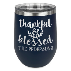 Thankful & Blessed Stemless Stainless Steel Wine Tumbler - Navy - Single Sided (Personalized)