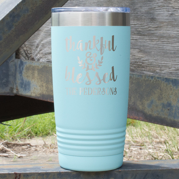 Custom Thankful & Blessed 20 oz Stainless Steel Tumbler - Teal - Double Sided (Personalized)