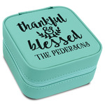 Thankful & Blessed Travel Jewelry Box - Teal Leather (Personalized)